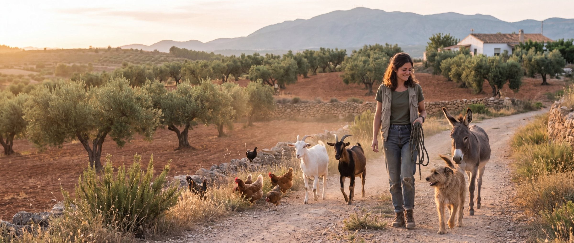 Anna paseando con sus animales entre olivos