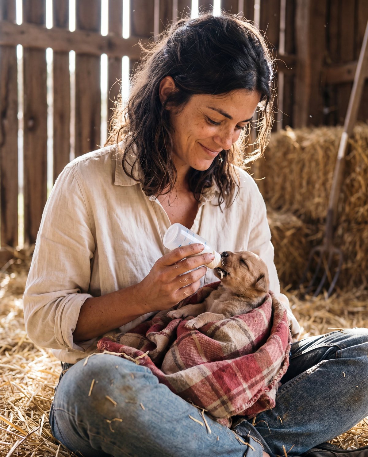 Anna dando el biberón a un cachorro en el refugio